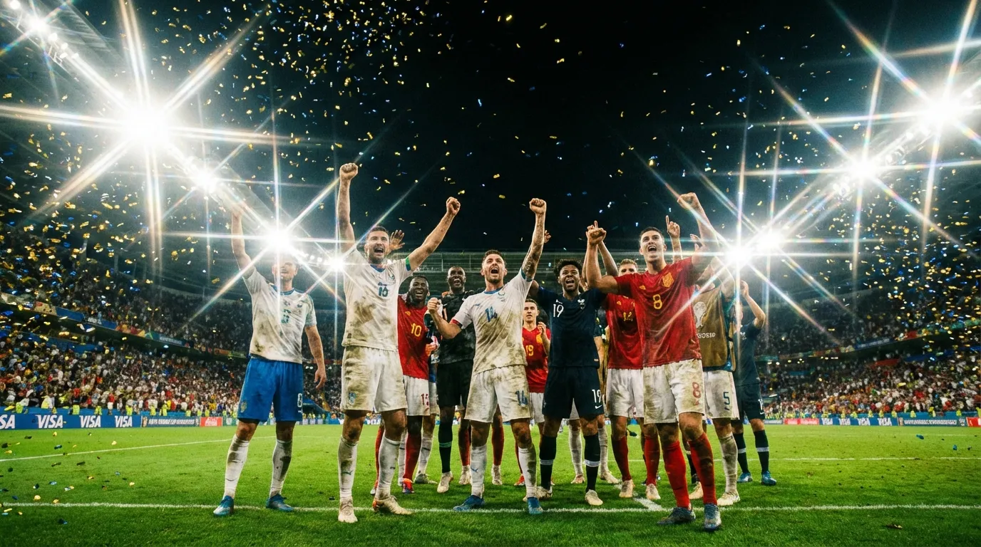 Football players celebrating a World Cup goal